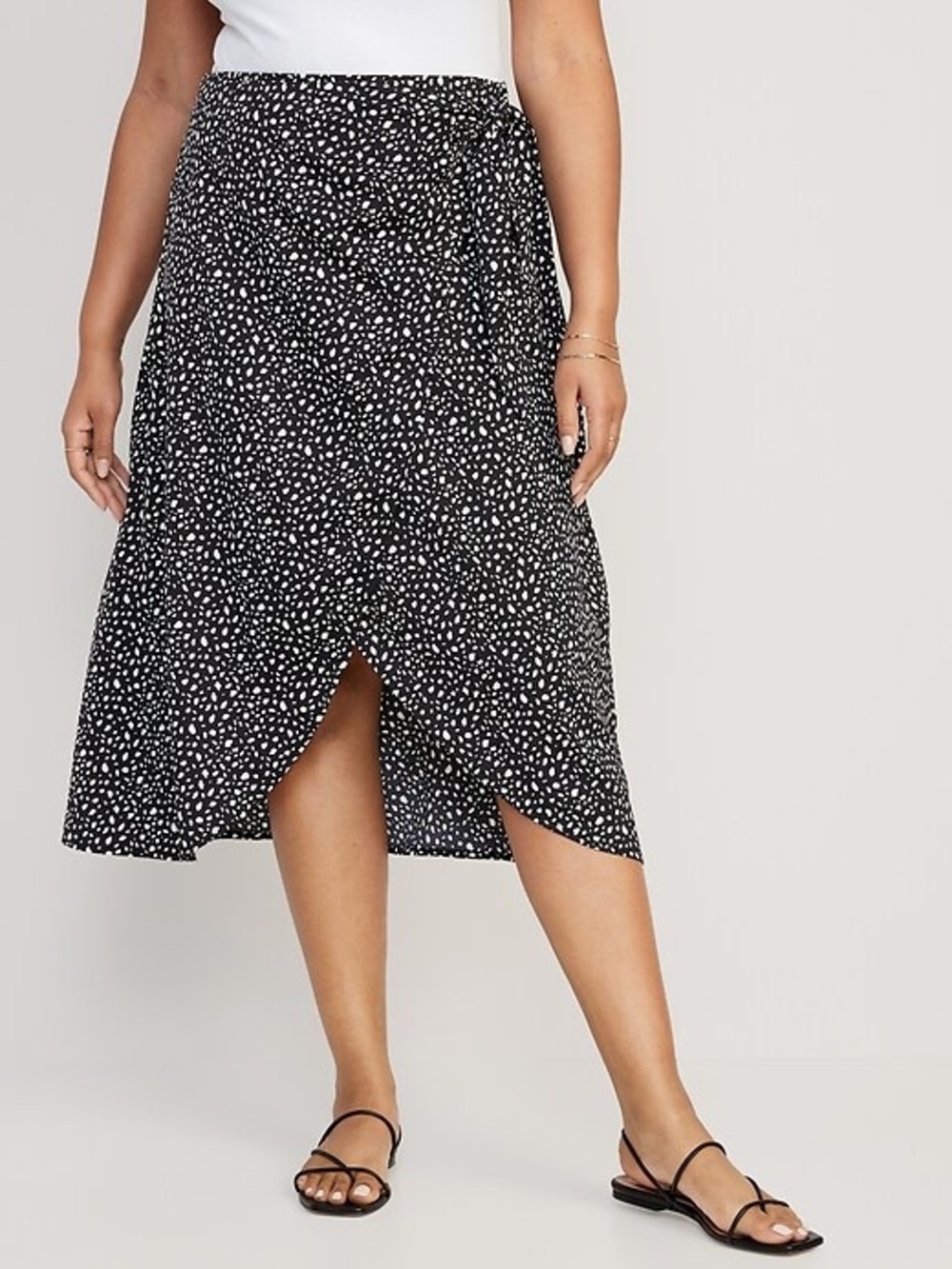 Old Navy Black & White Satin A-Line Wrap Midi Skirt